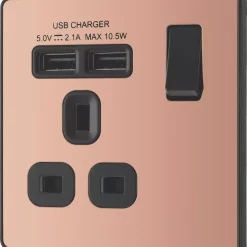British General Evolve 13A 1-Gang SP Switched Socket + 2.1A 2-Outlet Type A USB Charger Copper With Black Inserts -British General Shop 923RF A3