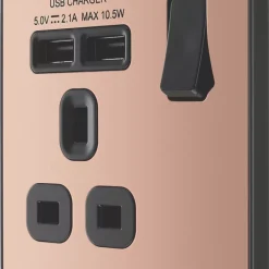British General Evolve 13A 1-Gang SP Switched Socket + 2.1A 2-Outlet Type A USB Charger Copper With Black Inserts