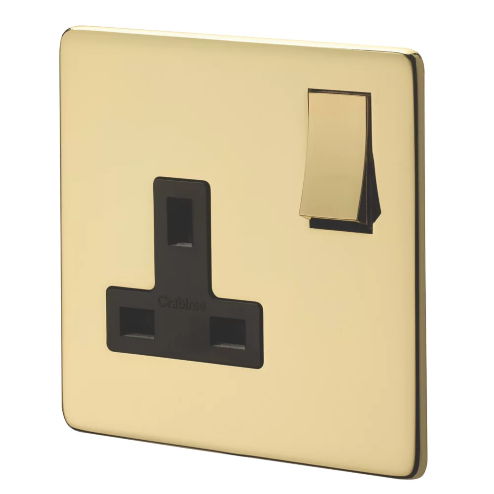 Crabtree Platinum 13A 1-Gang DP Switched Plug Socket Polished Brass With Black Inserts 3 Crabtree Platinum 13A 1-Gang DP Switched Plug Socket Polished Brass With Black Inserts