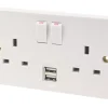 Essentials 13A 2-Gang DP Switched Socket + 2.1A 2-Outlet Type A USB Charger White -British General Shop 9272J P
