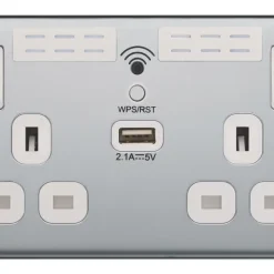 LAP 13A 2-Gang SP Switched Wi-Fi Extender Socket + 2.1A 1-Outlet Type A USB Charger Polished Chrome With White Inserts -British General Shop 933HF A1