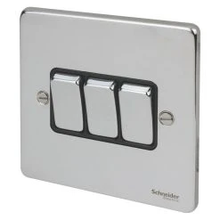 Schneider Electric Ultimate Low Profile 16AX 3-Gang 2-Way Light Switch Polished Chrome With Black Inserts