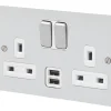 MK Edge 13A 2-Gang DP Switched Socket + 2A 2-Outlet Type A USB Charger Polished Chrome With White Inserts -British General Shop 941HX P