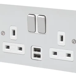 MK Edge 13A 2-Gang DP Switched Socket + 2A 2-Outlet Type A USB Charger Polished Chrome With White Inserts
