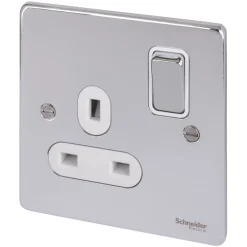 Schneider Electric Ultimate Low Profile 13A 1-Gang SP Switched Plug Socket Polished Chrome With White Inserts