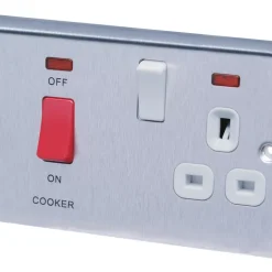 LAP 45A 2-Gang DP Cooker Switch & 13A DP Switched Socket Brushed Stainless Steel With Neon With White Inserts