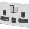 MK Aspect 13A 2-Gang DP Switched Socket + 2A 2-Outlet Type A USB Charger Polished Chrome With Black Inserts -British General Shop 954HX P