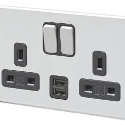 MK Aspect 13A 2-Gang DP Switched Socket + 2A 2-Outlet Type A USB Charger Polished Chrome With Black Inserts