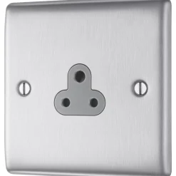 British General Nexus Metal 2A 1-Gang Unswitched Round Pin Socket Brushed Steel With Graphite Inserts