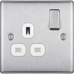 British General Nexus Metal 13A 1-Gang SP Switched Power Socket Brushed Steel With White Inserts -British General Shop 958XF A1