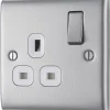 British General Nexus Metal 13A 1-Gang SP Switched Power Socket Brushed Steel With White Inserts -British General Shop 958XF P