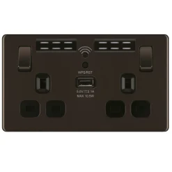 LAP 13A 2-Gang SP Switched Wi-Fi Extender Socket + 2.1A 1-Outlet Type A USB Charger Black Nickel With Black Inserts -British General Shop 962KJ A1