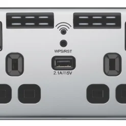 LAP 13A 2-Gang SP Switched Wi-Fi Extender Socket + 2.1A 1-Outlet Type A USB Charger Polished Chrome With Black Inserts -British General Shop 964HF A1