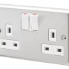 MK Albany Plus 13A 2-Gang DP Switched Plug Socket Brushed Stainless Steel With White Inserts