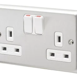 MK Albany Plus 13A 2-Gang DP Switched Plug Socket Brushed Stainless Steel With White Inserts