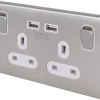 Schneider Electric Lisse Deco 13A 2-Gang SP Switched Socket + 2.1A 2-Outlet Type A USB Charger Brushed Stainless Steel With White Inserts