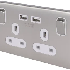 Schneider Electric Lisse Deco 13A 2-Gang SP Switched Socket + 2.1A 2-Outlet Type A USB Charger Brushed Stainless Steel With White Inserts