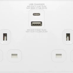 British General Evolve 13A 2-Gang SP Switched Socket + 3A 2-Outlet Type A & C USB Charger Pearlescent White With White Inserts -British General Shop 970RF A2