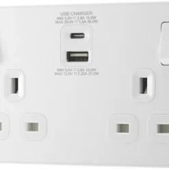 British General Evolve 13A 2-Gang SP Switched Socket + 3A 2-Outlet Type A & C USB Charger Pearlescent White With White Inserts -British General Shop 970RF A3