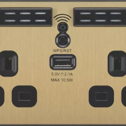 British General Evolve 13A 2-Gang SP Switched Double Socket With WiFi Extender + 2.1A 1-Outlet Type A USB Charger Satin Brass With Black Inserts -British General Shop 972RF A2