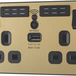 British General Evolve 13A 2-Gang SP Switched Double Socket With WiFi Extender + 2.1A 1-Outlet Type A USB Charger Satin Brass With Black Inserts -British General Shop 972RF A3