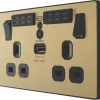 British General Evolve 13A 2-Gang SP Switched Double Socket With WiFi Extender + 2.1A 1-Outlet Type A USB Charger Satin Brass With Black Inserts -British General Shop 972RF P