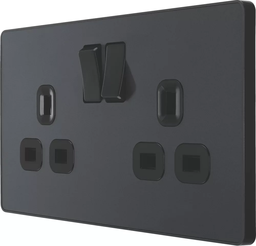 British General Evolve 13A 2-Gang SP Switched Socket Grey With Black Inserts 3 British General Evolve 13A 2-Gang SP Switched Socket Grey With Black Inserts