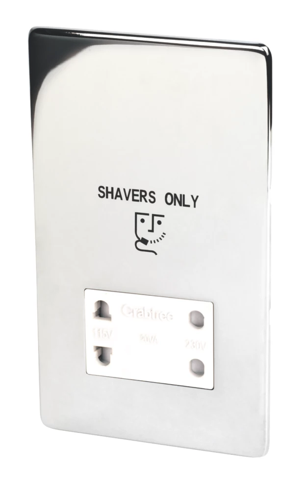 Crabtree Platinum 2-Gang Dual Voltage Shaver Socket 115 / 230V Polished Chrome With White Inserts 3 Crabtree Platinum 2-Gang Dual Voltage Shaver Socket 115 / 230V Polished Chrome With White Inserts