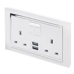 Retrotouch 13A 2-Gang DP Switched Socket + 2.1A 2-Outlet Type A USB Charger White Glass