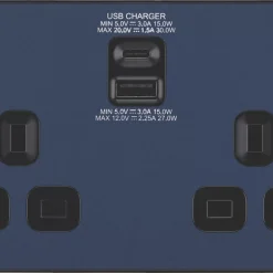 British General Evolve 13A 2-Gang SP Switched Socket + 3A 2-Outlet Type A & C USB Charger Blue With Black Inserts -British General Shop 992RF A2