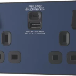 British General Evolve 13A 2-Gang SP Switched Socket + 3A 2-Outlet Type A & C USB Charger Blue With Black Inserts -British General Shop 992RF A3