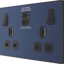 British General Evolve 13A 2-Gang SP Switched Socket + 3A 2-Outlet Type A & C USB Charger Blue With Black Inserts