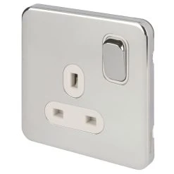 Schneider Electric Lisse Deco 13A 1-Gang SP Switched Plug Socket Polished Chrome With White Inserts