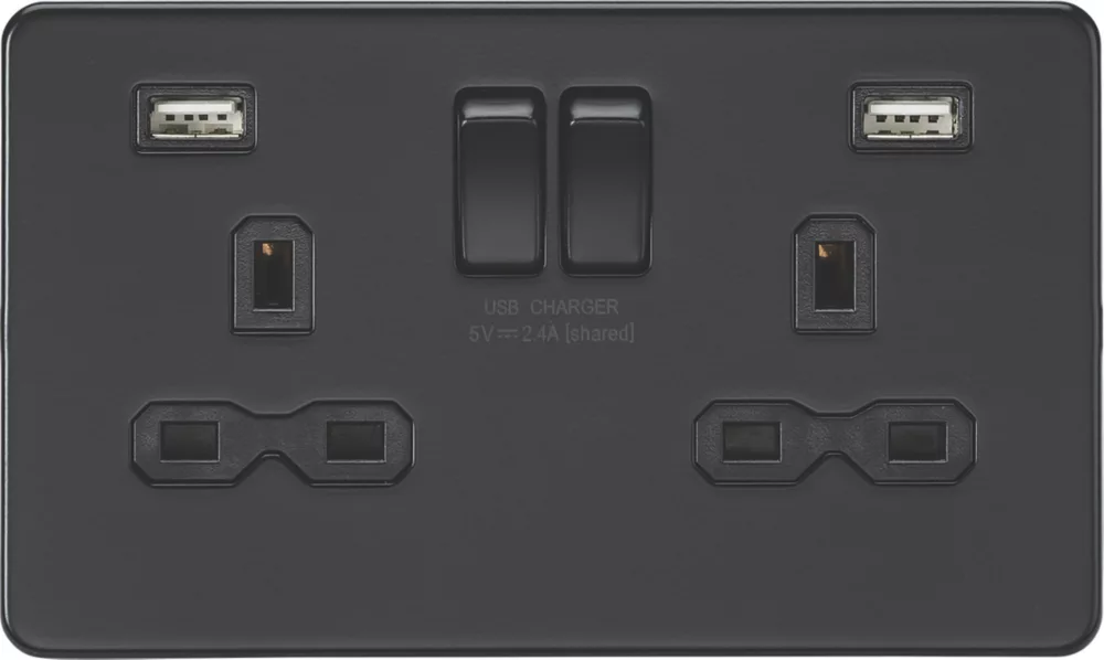 Knightsbridge SFR9224MBB 13A 2-Gang SP Switched Socket + 2.4A 2-Outlet Type A USB Charger Matt Black With Black Inserts 3 Knightsbridge SFR9224MBB 13A 2-Gang SP Switched Socket + 2.4A 2-Outlet Type A USB Charger Matt Black With Black Inserts