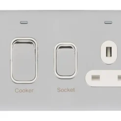 Schneider Electric Lisse Deco 45A 2-Gang DP Cooker Switch & 13A DP Switched Socket Polished Chrome With LED With White Inserts 7 Schneider Electric Lisse Deco 45A 2-Gang DP Cooker Switch & 13A DP Switched Socket Polished Chrome With LED With White Inserts -British General Shop 997FF A1