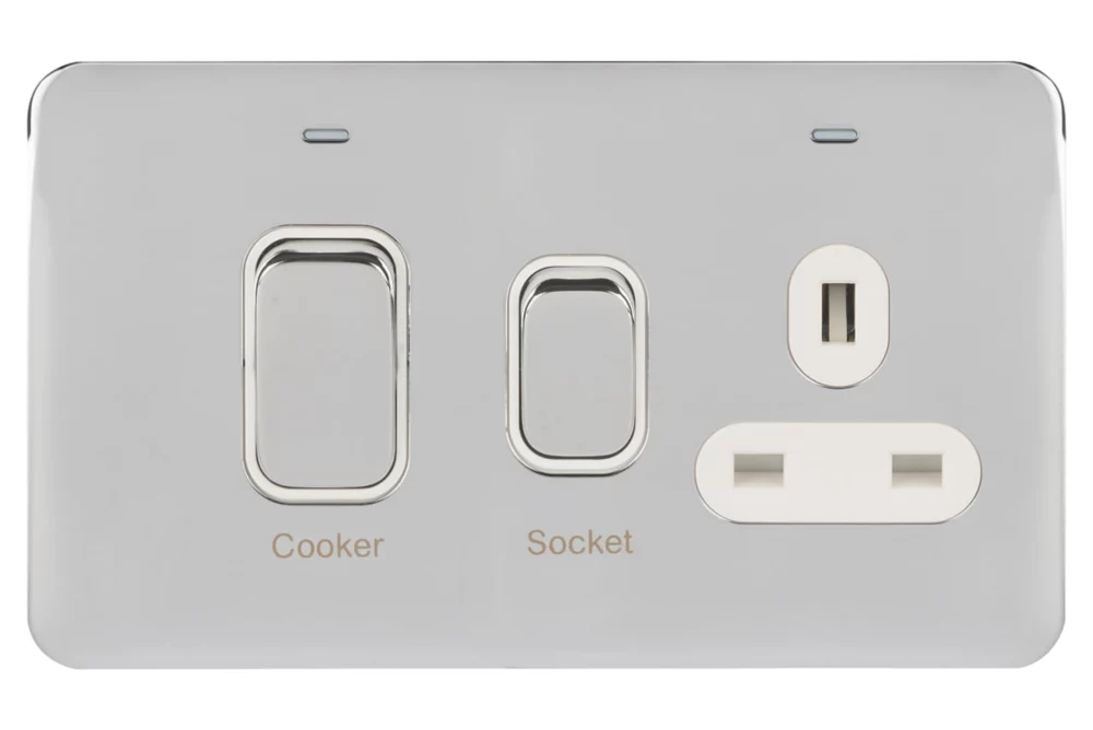 Schneider Electric Lisse Deco 45A 2-Gang DP Cooker Switch & 13A DP Switched Socket Polished Chrome With LED With White Inserts 4 Schneider Electric Lisse Deco 45A 2-Gang DP Cooker Switch & 13A DP Switched Socket Polished Chrome With LED With White Inserts - Image 2