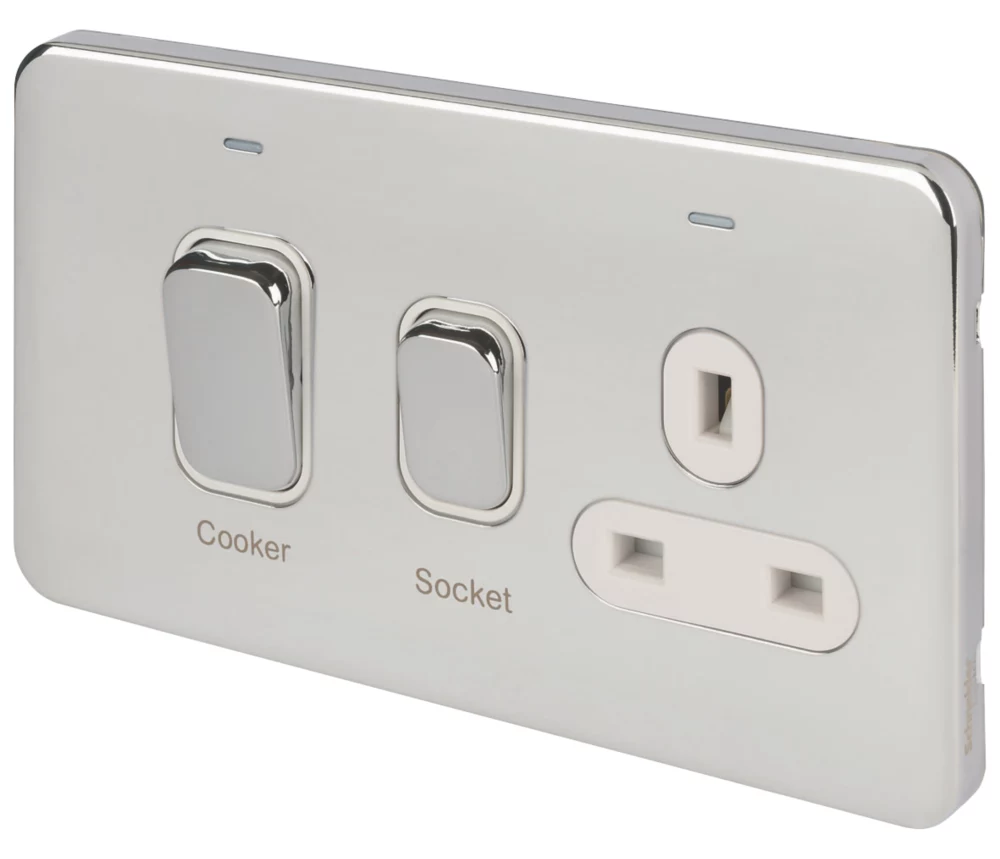 Schneider Electric Lisse Deco 45A 2-Gang DP Cooker Switch & 13A DP Switched Socket Polished Chrome With LED With White Inserts 3 Schneider Electric Lisse Deco 45A 2-Gang DP Cooker Switch & 13A DP Switched Socket Polished Chrome With LED With White Inserts